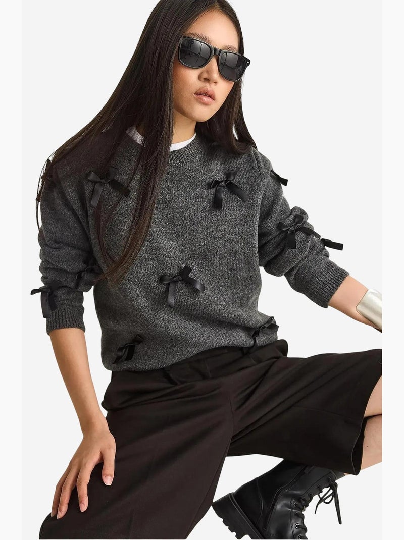 Pull en maille élastique à col rond lucci Gris Noir - Kiabi
