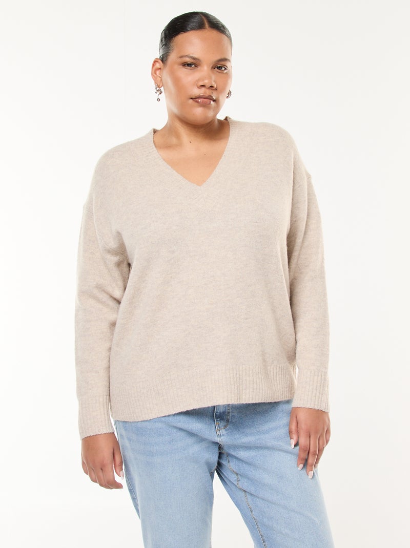 Pull en maille épaisse avec col V Beige - Kiabi
