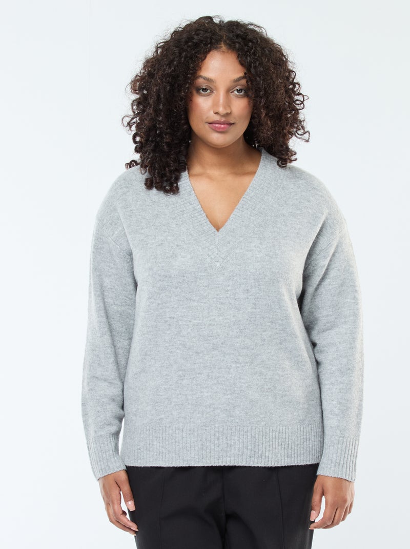 Pull en maille épaisse avec col V Gris - Kiabi