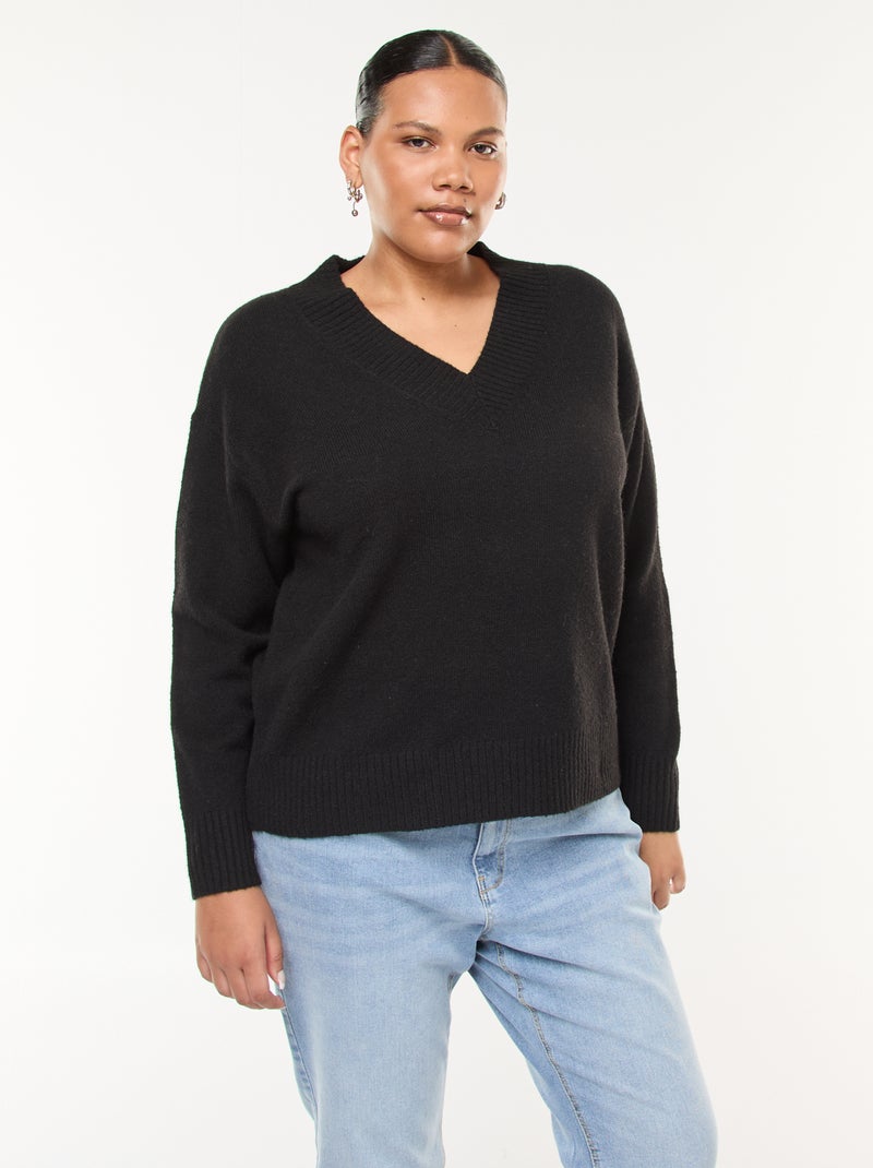 Pull en maille épaisse avec col V Noir Grandes tailles Femme