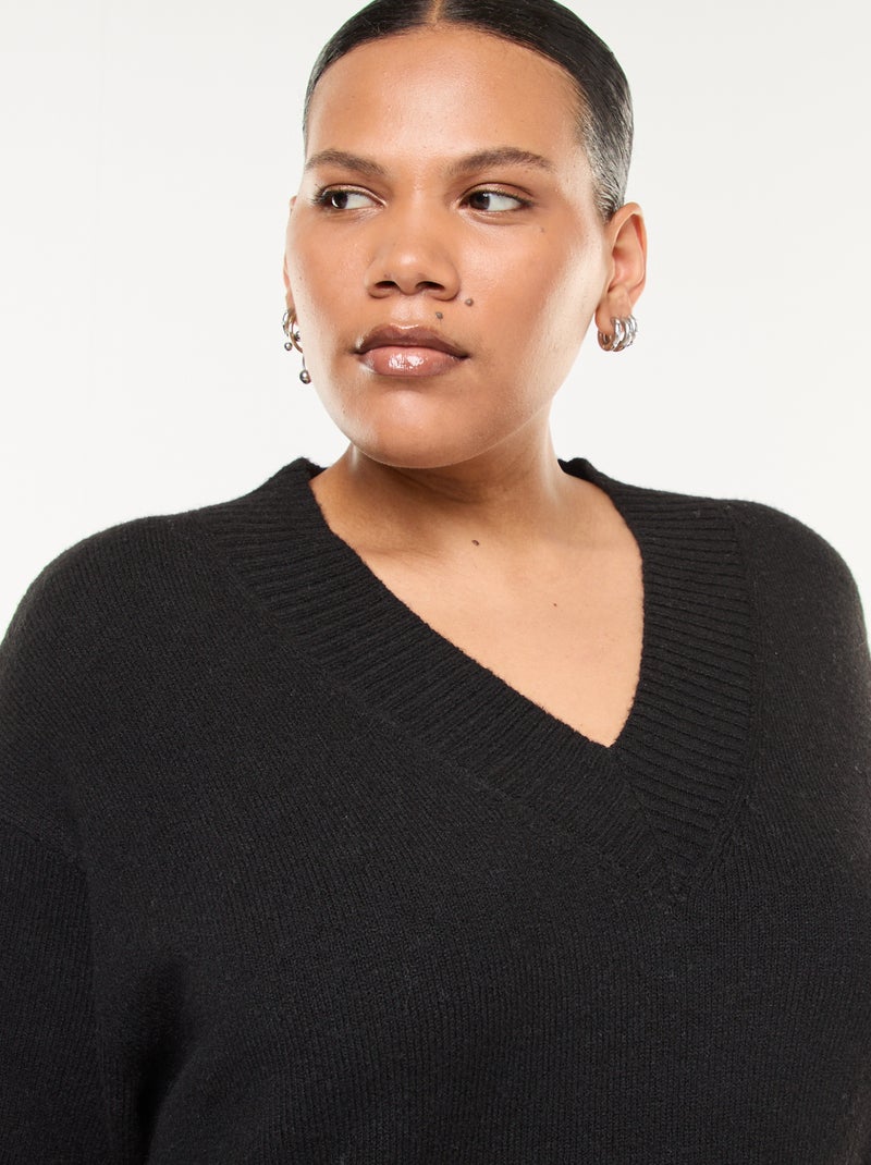 Pull en maille épaisse avec col V Noir - Kiabi