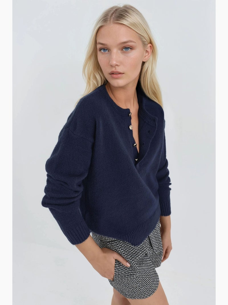 Pull en maille épaisse texturée à col ras du cou avec boutons hiccup Bleu marine - Kiabi