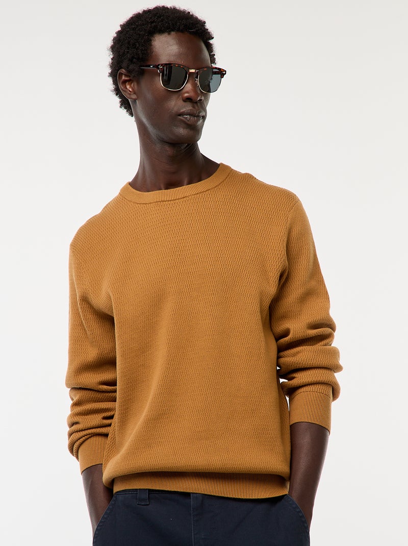 Pull en maille fantaisie à col rond Beige - Kiabi