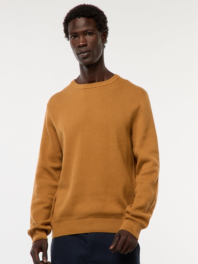 Pull en maille fantaisie à col rond Beige - Kiabi