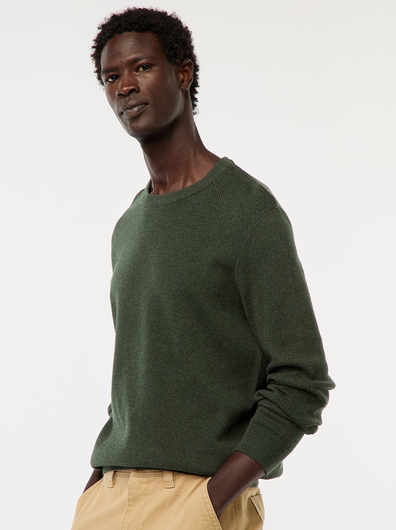 Pull en maille fantaisie à col rond Kaki - Kiabi