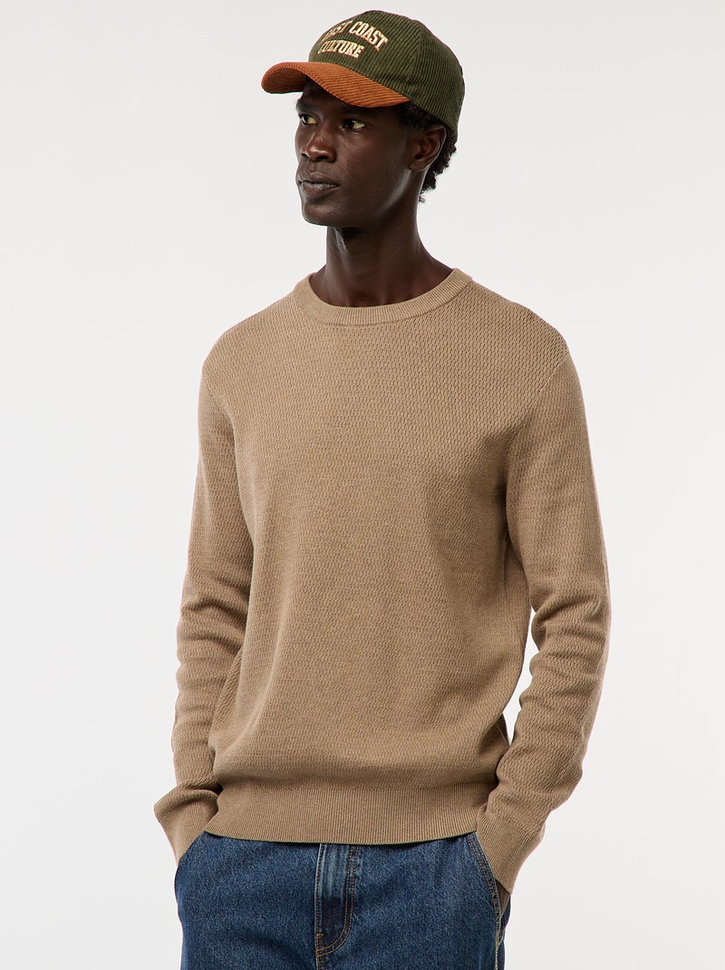 Pull en maille fantaisie à col rond Marron - Kiabi