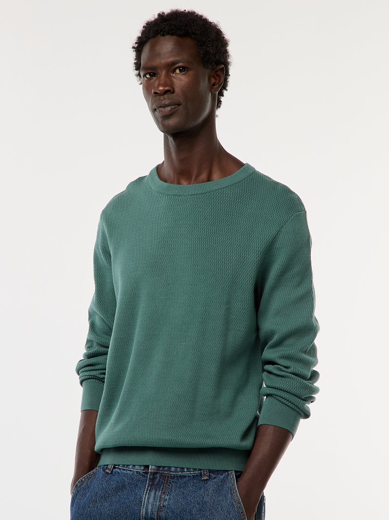 Pull en maille fantaisie à col rond Vert - Kiabi