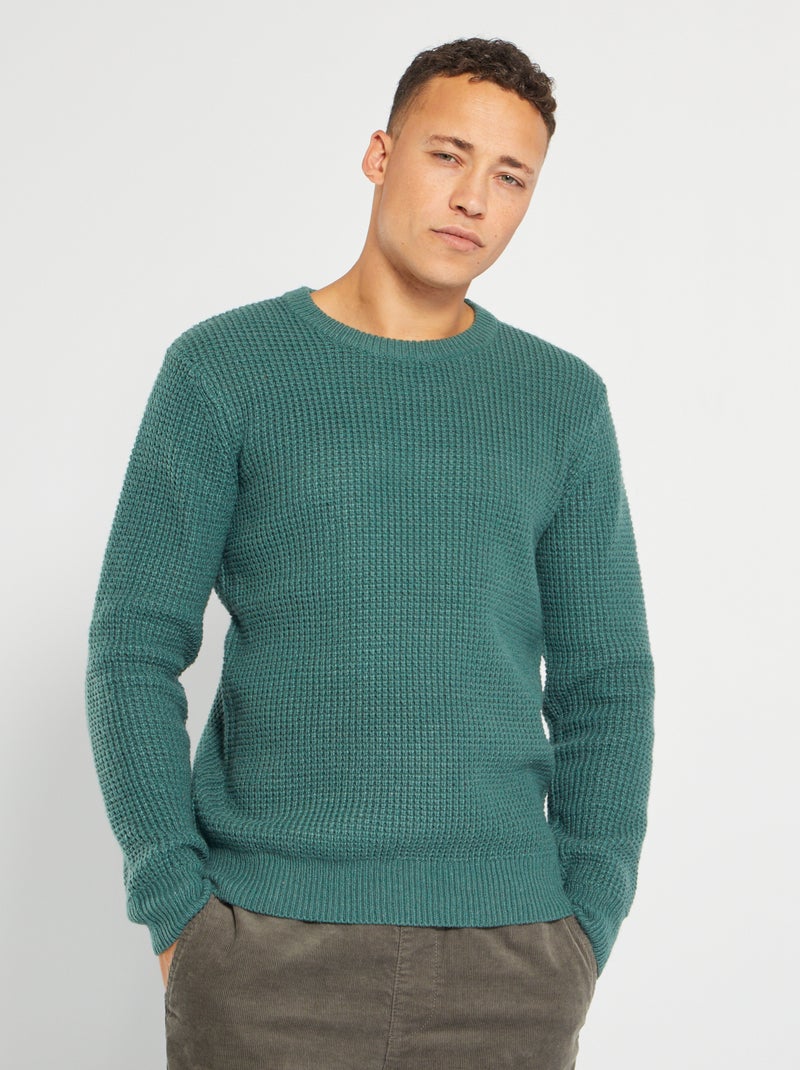 Pull en maille fantaisie vert foncé - Kiabi