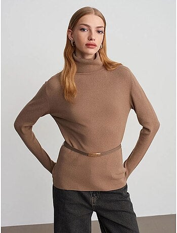 Pull en maille femme à col roulé et ceinture dilvin