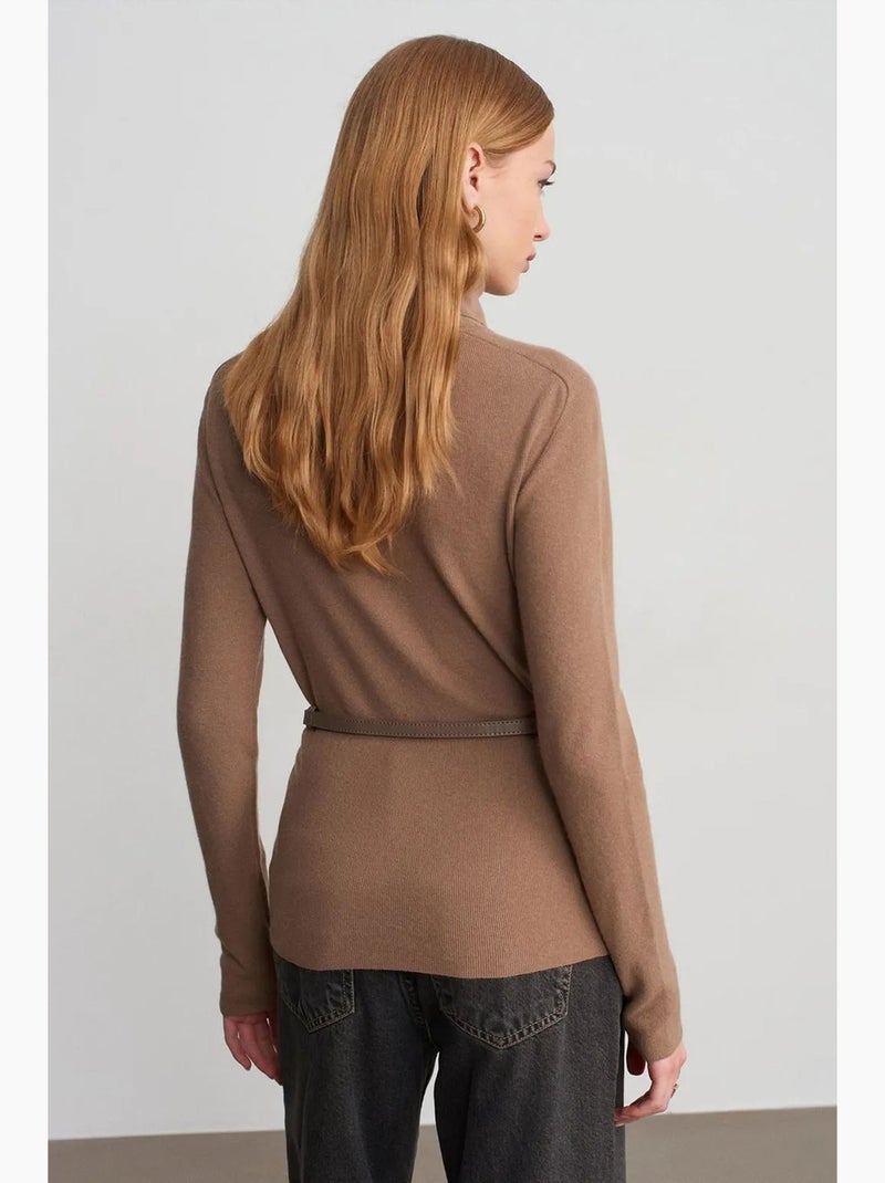 Pull en maille femme à col roulé et ceinture dilvin Camel - Kiabi