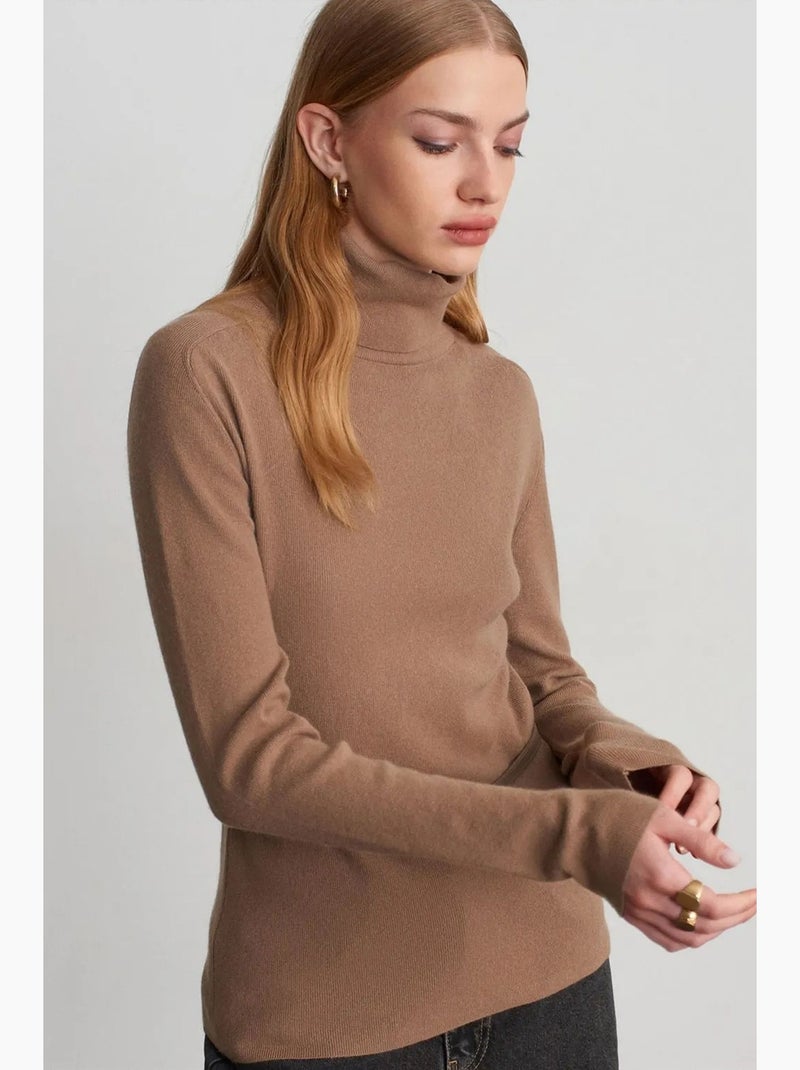 Pull en maille femme à col roulé et ceinture dilvin Camel - Kiabi
