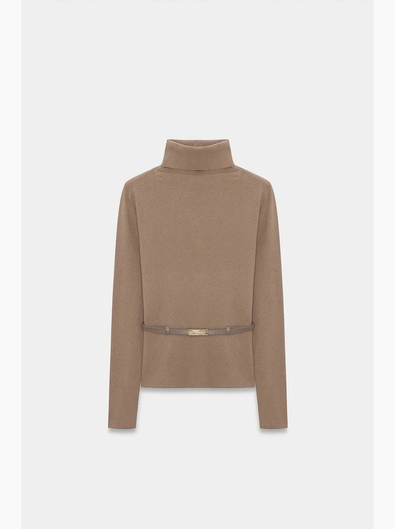 Pull en maille femme à col roulé et ceinture dilvin Camel - Kiabi