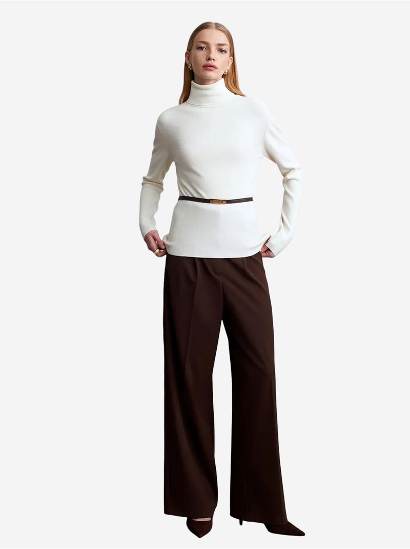 Pull en maille femme à col roulé et ceinture dilvin Ivoire - Kiabi