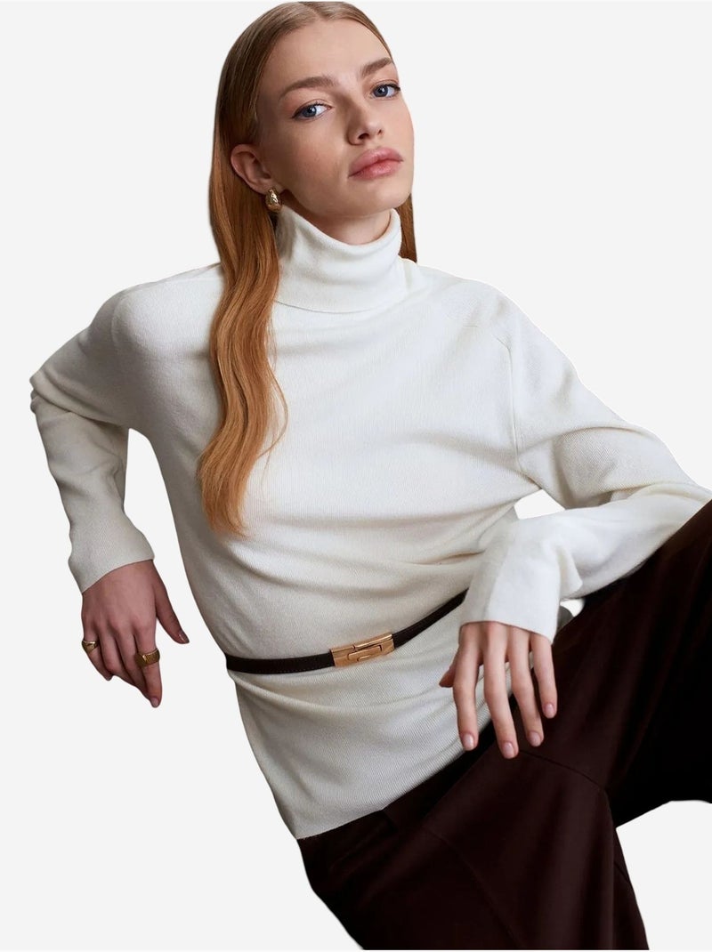 Pull en maille femme à col roulé et ceinture dilvin Ivoire - Kiabi