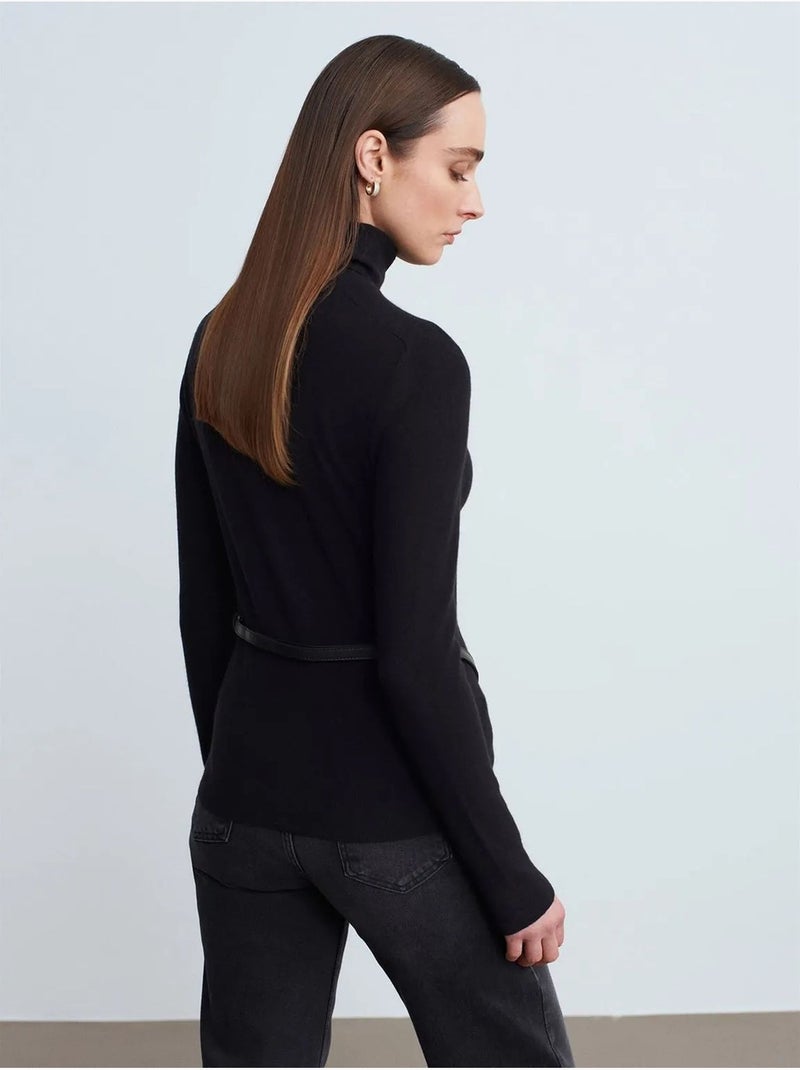 Pull en maille femme à col roulé et ceinture dilvin Noir - Kiabi