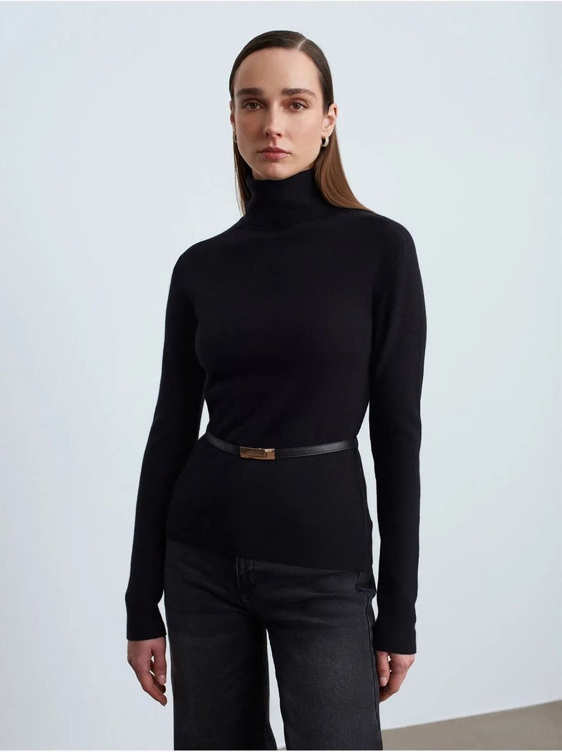 Pull en maille femme à col roulé et ceinture dilvin Noir - Kiabi