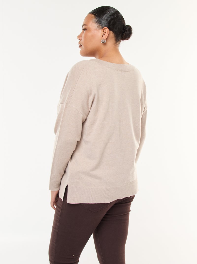 Pull en maille fine avec col V Beige - Kiabi