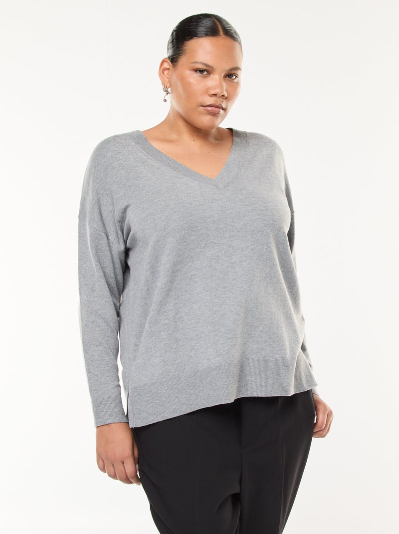 Pull en maille fine avec col V Gris - Kiabi