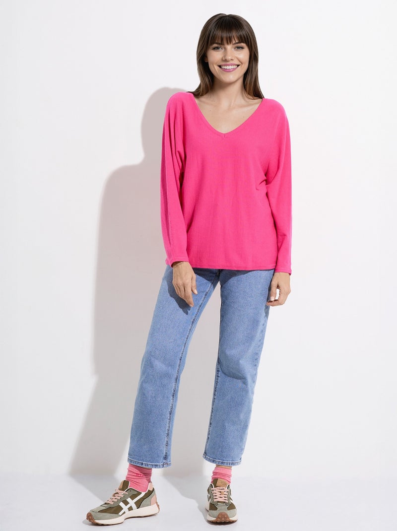 Pull en maille fine avec col v large - afibel Rose fushia - Kiabi