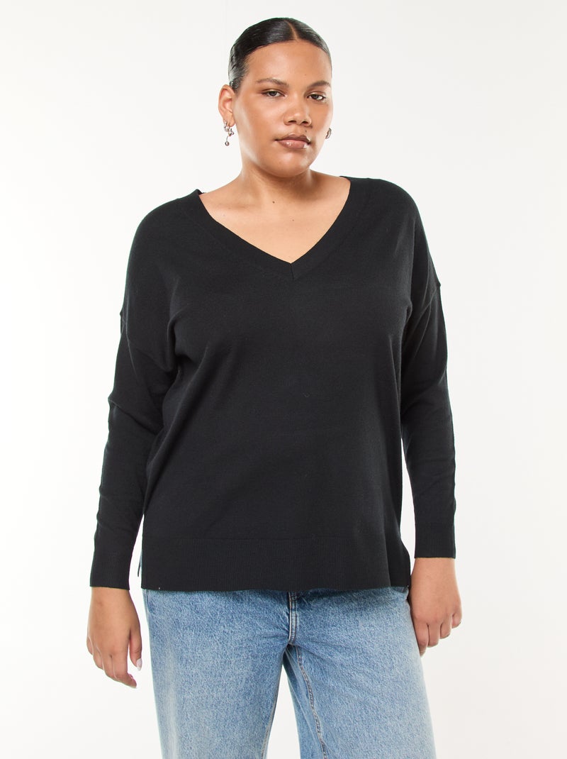 Pull en maille fine avec col V Noir Grandes tailles Femme