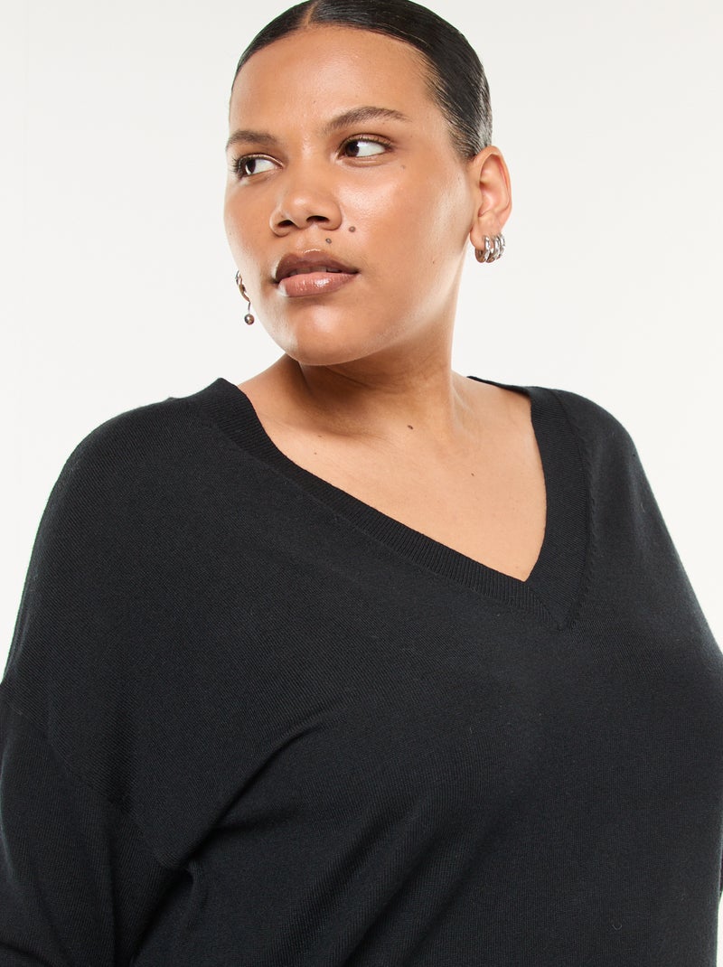 Pull en maille fine avec col V Noir - Kiabi