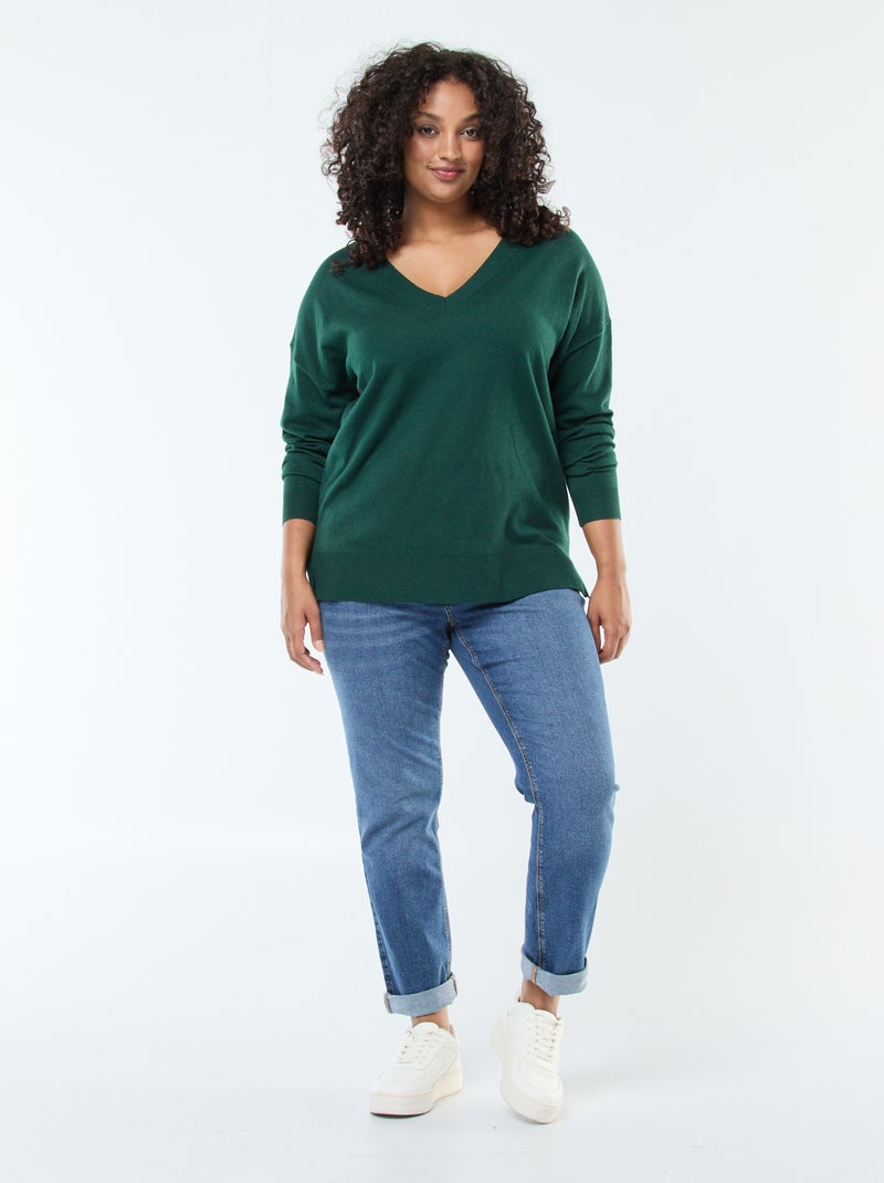 Pull en maille fine avec col V Vert - Kiabi