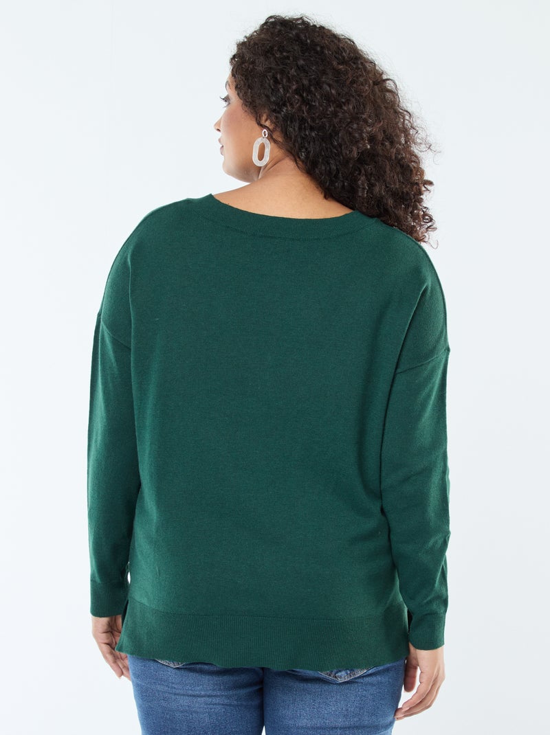 Pull en maille fine avec col V Vert - Kiabi