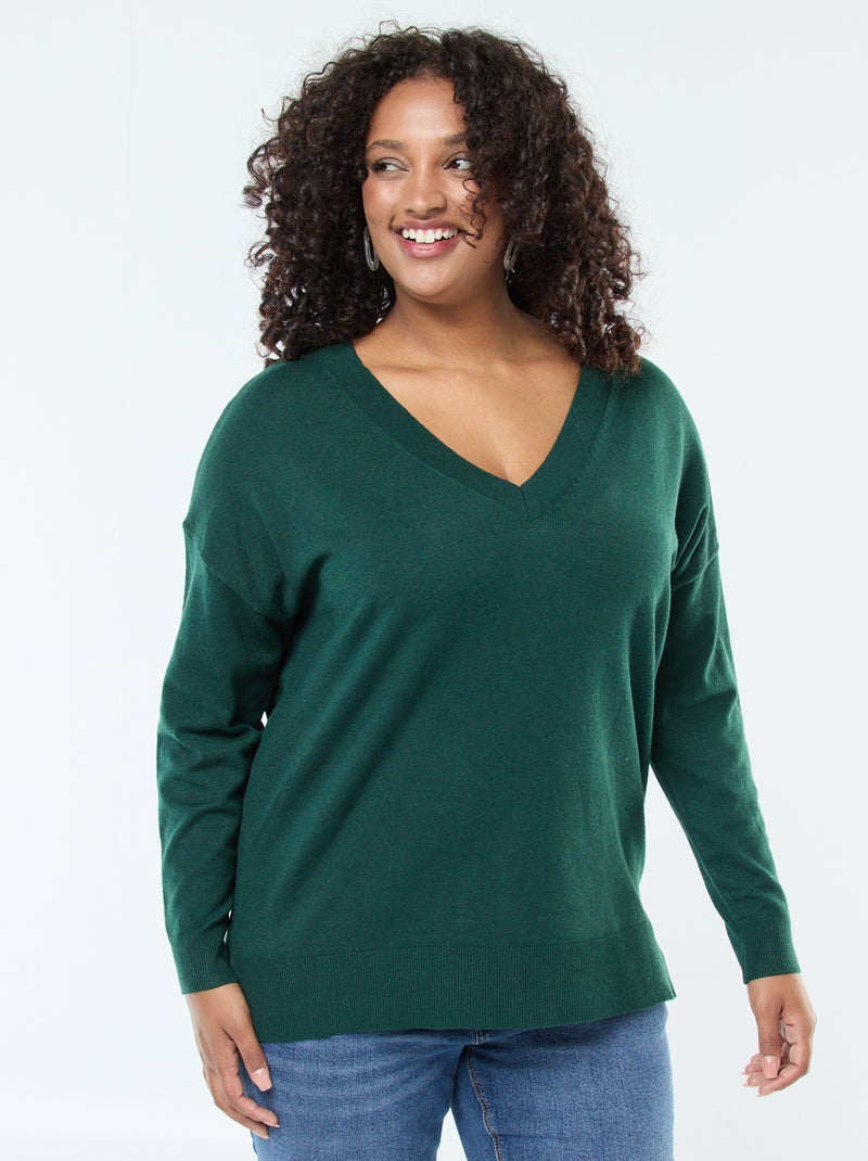 Pull en maille fine avec col V Vert Grandes tailles Femme