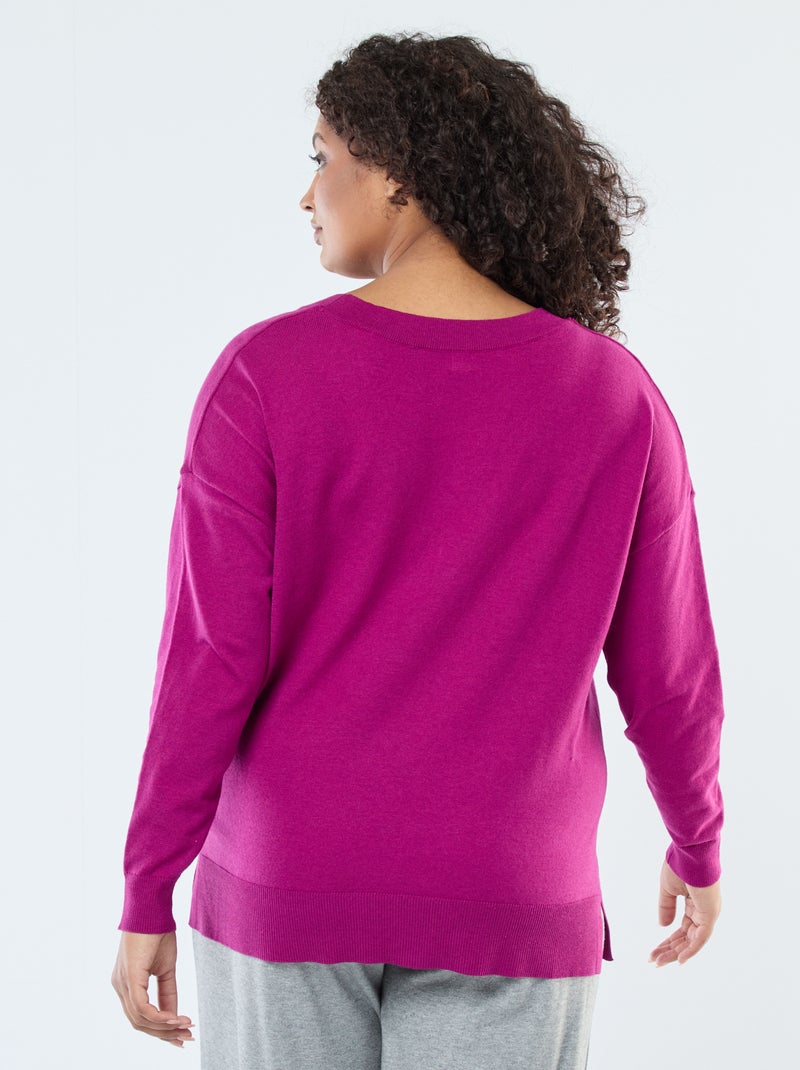 Pull en maille fine avec col V Violet - Kiabi