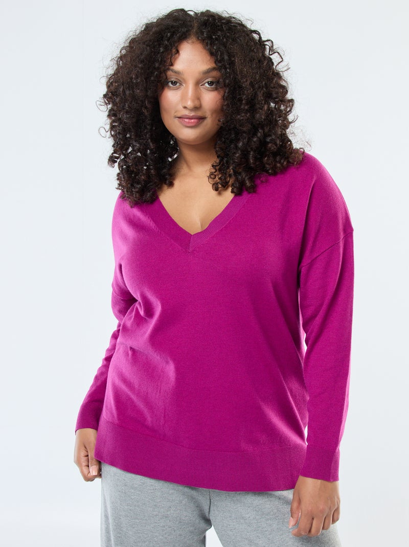 Pull en maille fine avec col V Violet - Kiabi