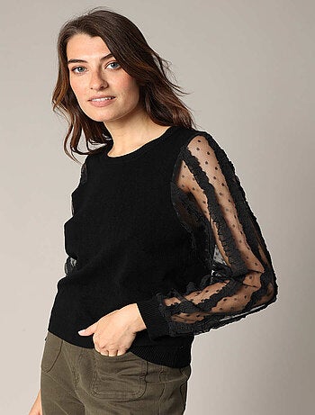 Pull en maille fine avec empiècements en tulle brodé 'Deeluxe'