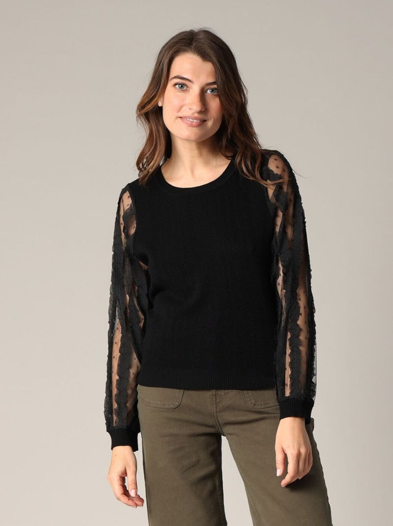 Pull en maille fine avec empiècements en tulle brodé. 'Deeluxe' Noir - Kiabi