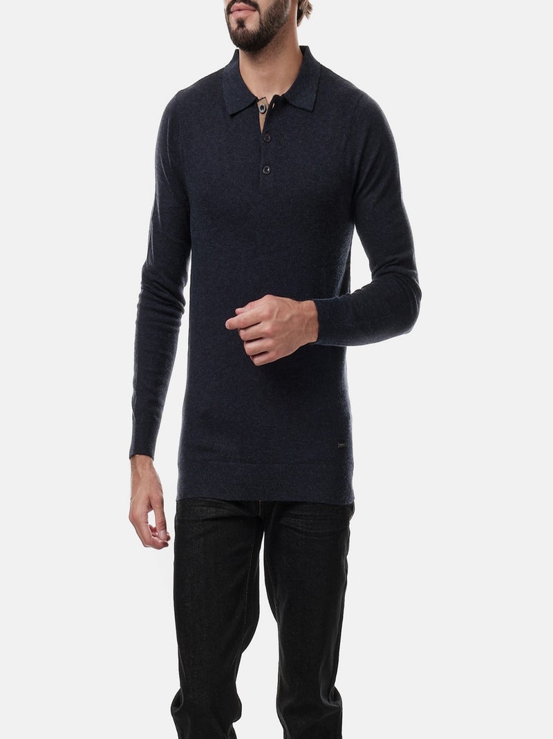Pull en maille fine col polo Bleu marine - Kiabi