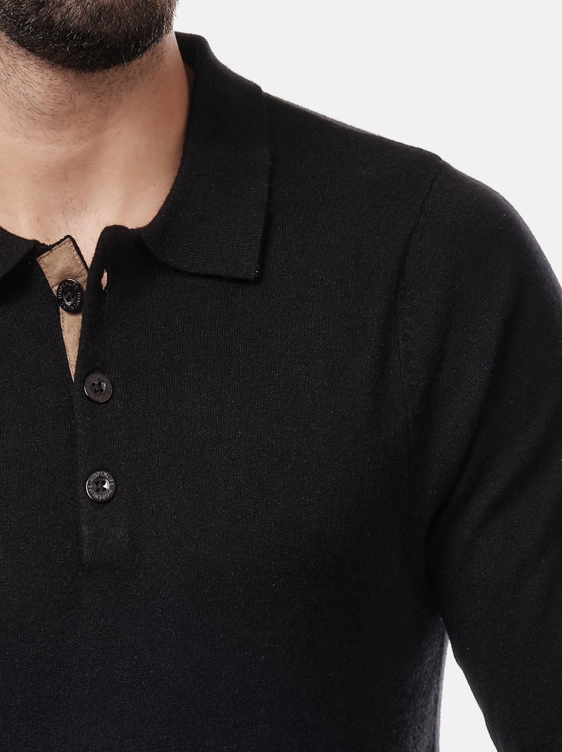 Pull en maille fine col polo Noir - Kiabi