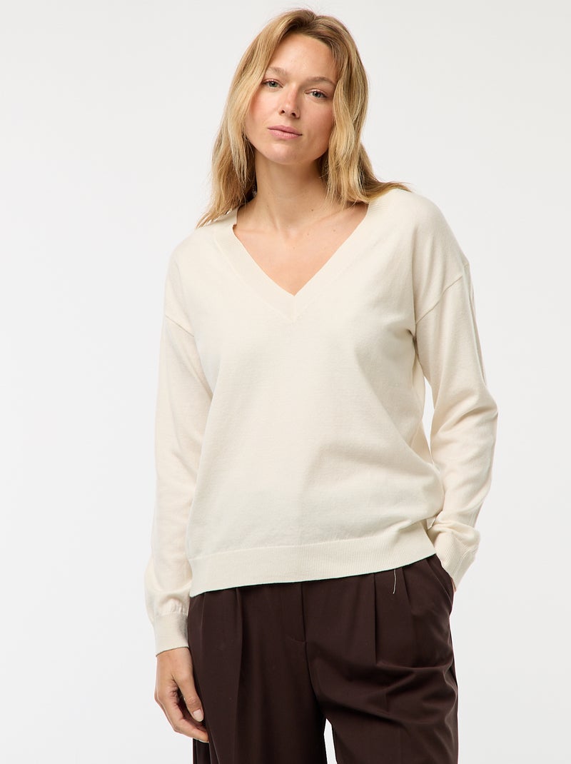 Pull en maille fine col V Blanc - Kiabi