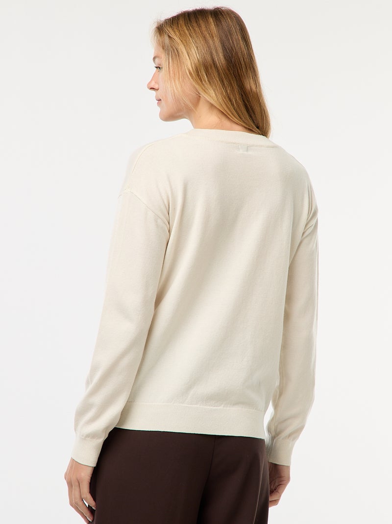 Pull en maille fine col V Blanc - Kiabi