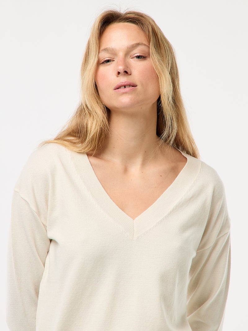 Pull en maille fine col V Blanc - Kiabi