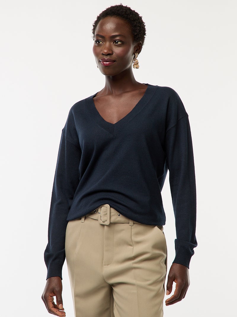 Pull en maille fine col V Bleu Femme Kiabi