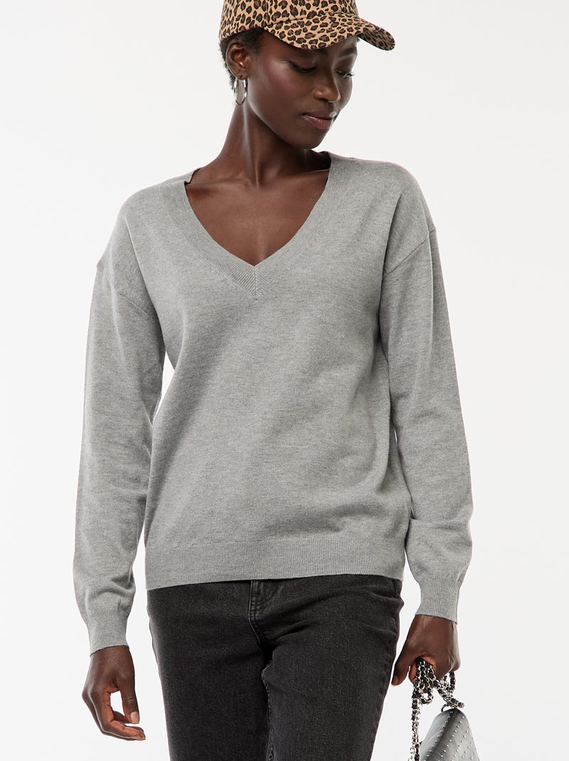 Pull en maille fine col V Gris - Kiabi