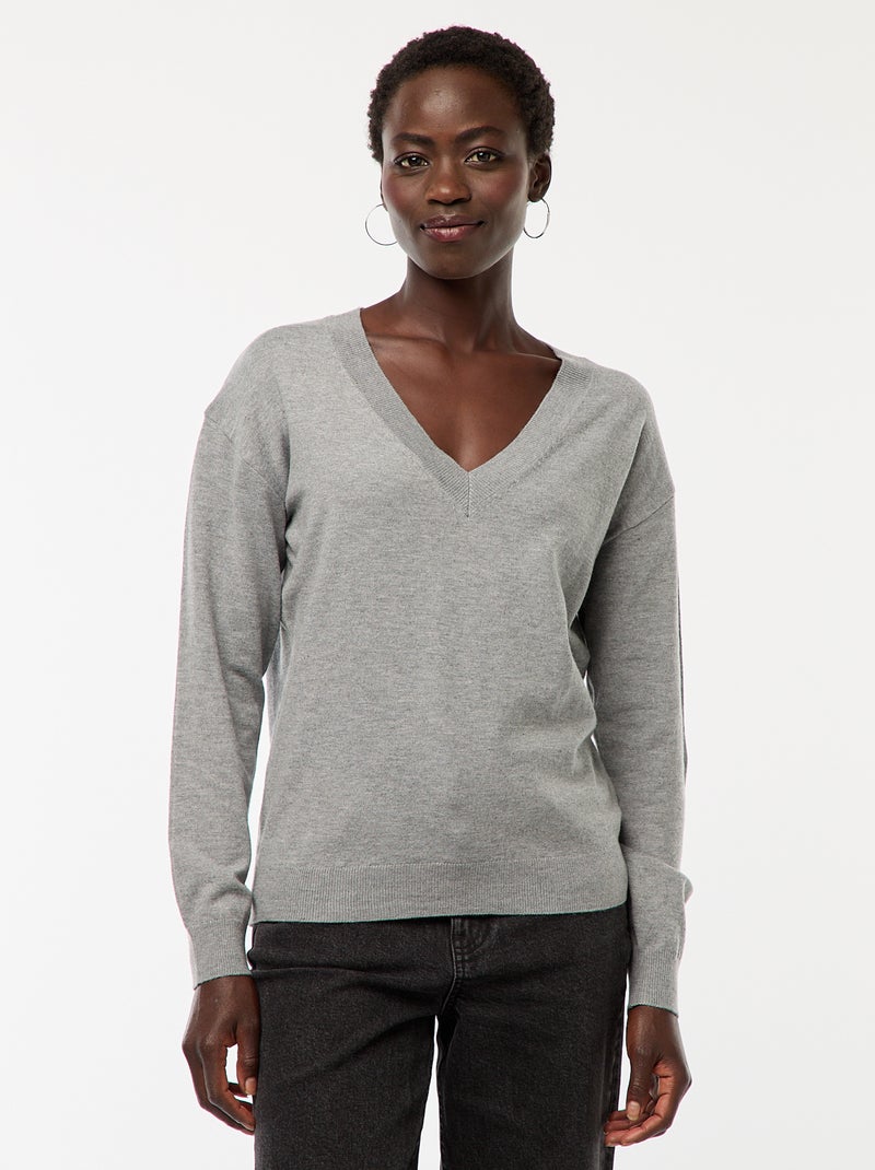 Pull en maille fine col V Gris - Kiabi