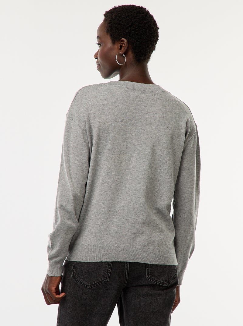 Pull en maille fine col V Gris - Kiabi