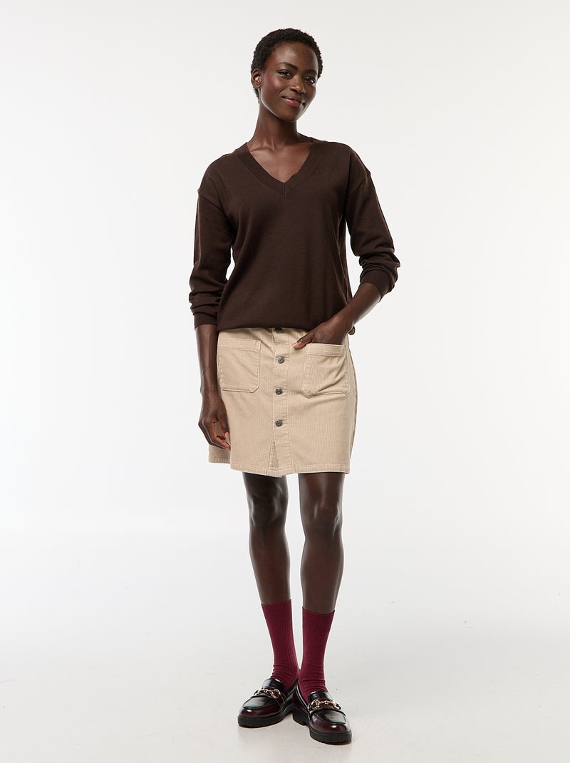 Pull en maille fine col V Marron - Kiabi