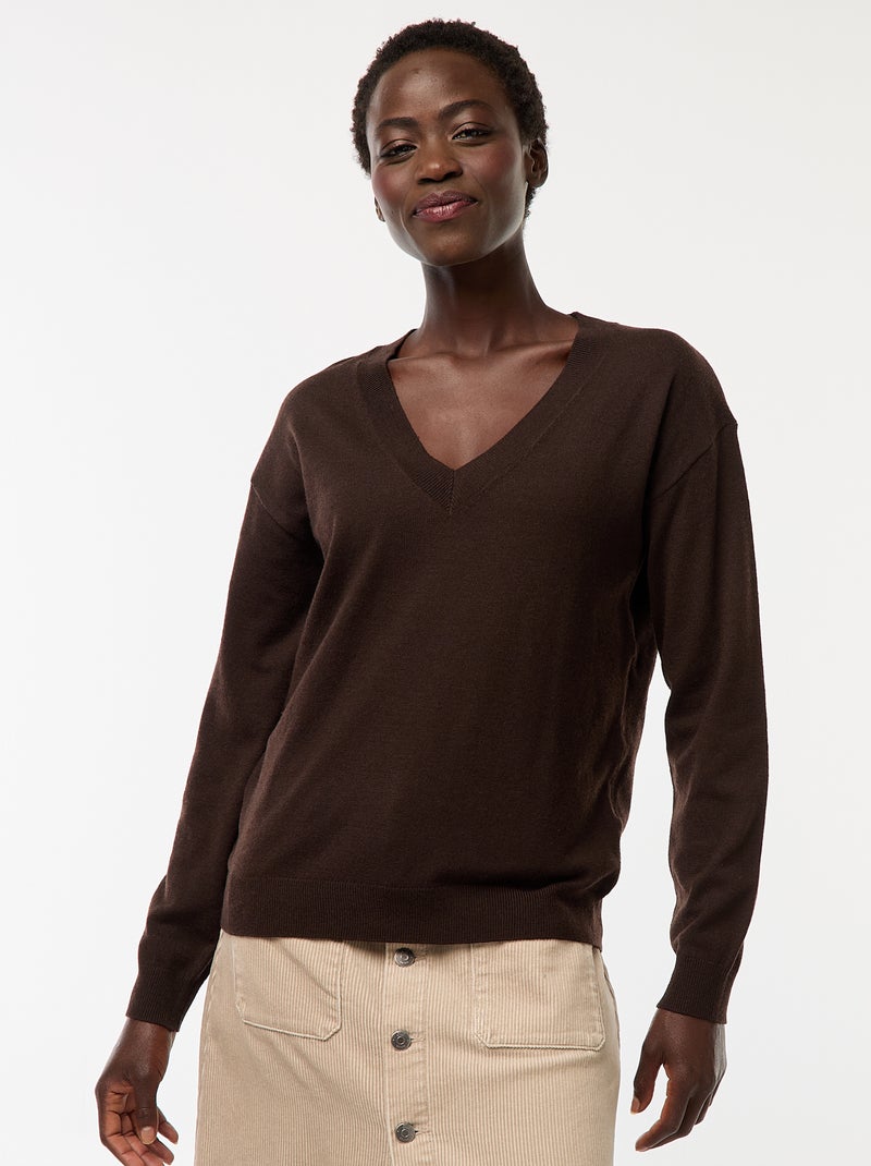 Pull en maille fine col V Marron - Kiabi