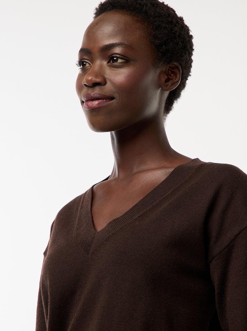 Pull en maille fine col V Marron - Kiabi