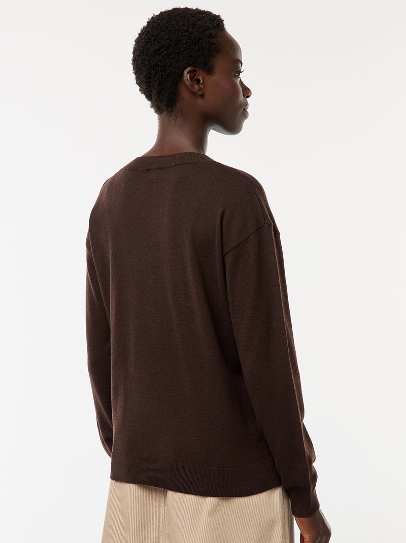 Pull en maille fine col V Marron - Kiabi