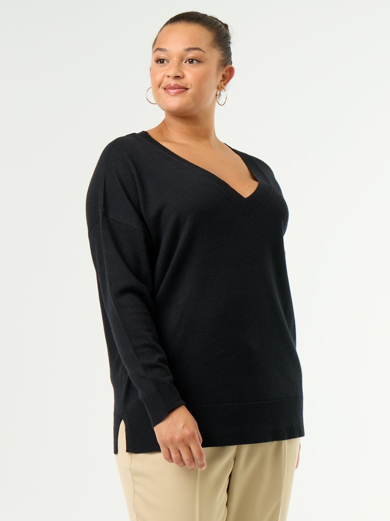 Pull en maille fine col V Noir - Kiabi