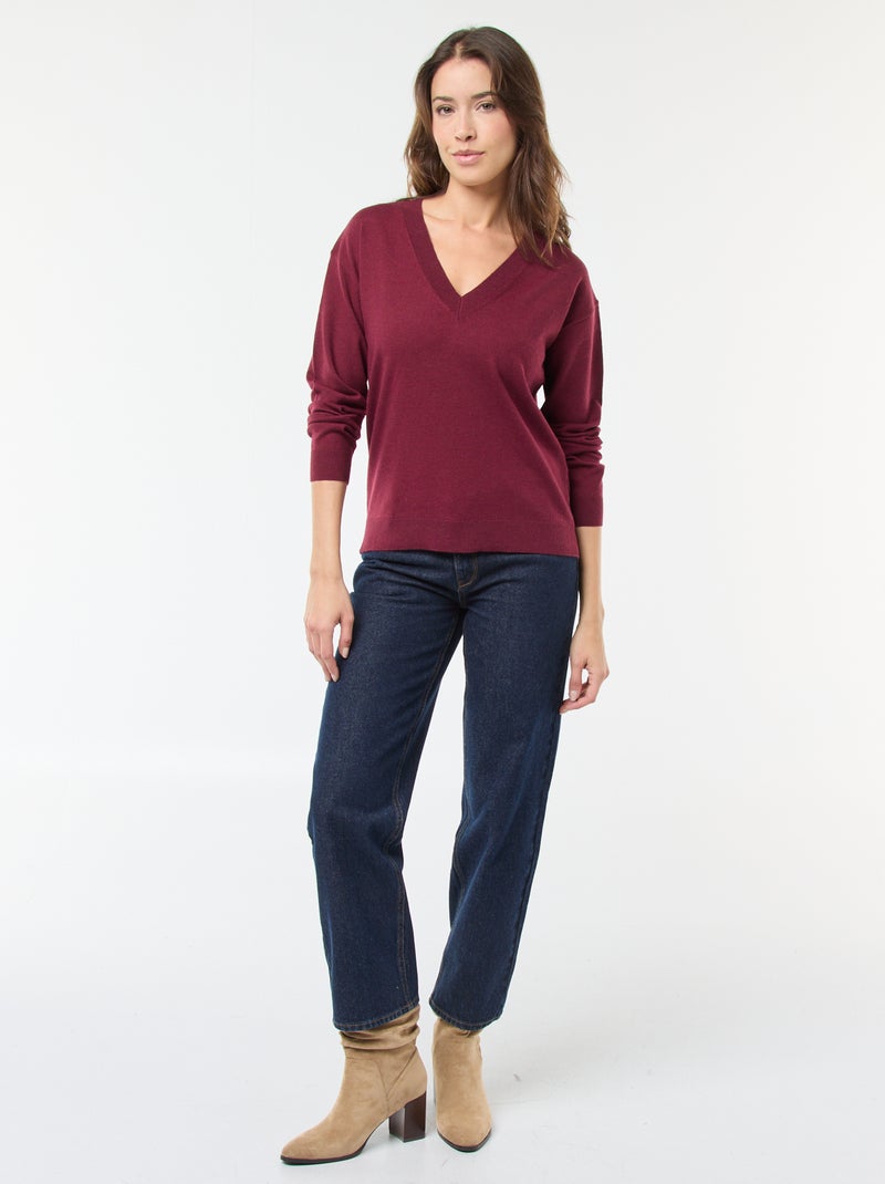 Pull en maille fine col V Violet - Kiabi