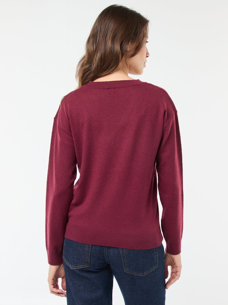Pull en maille fine col V Violet - Kiabi