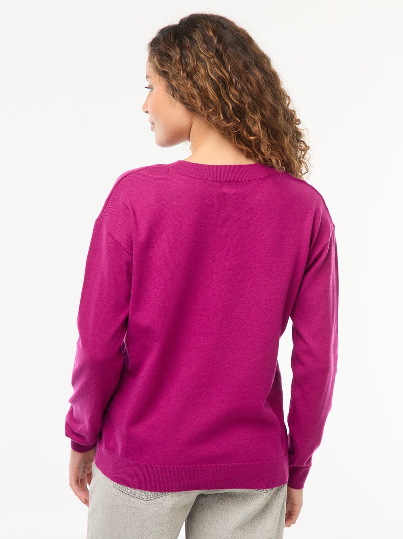 Pull en maille fine col V Violet - Kiabi