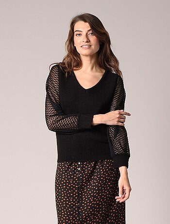 Pull en maille fine et manches en voile texturé 'Deeluxe'